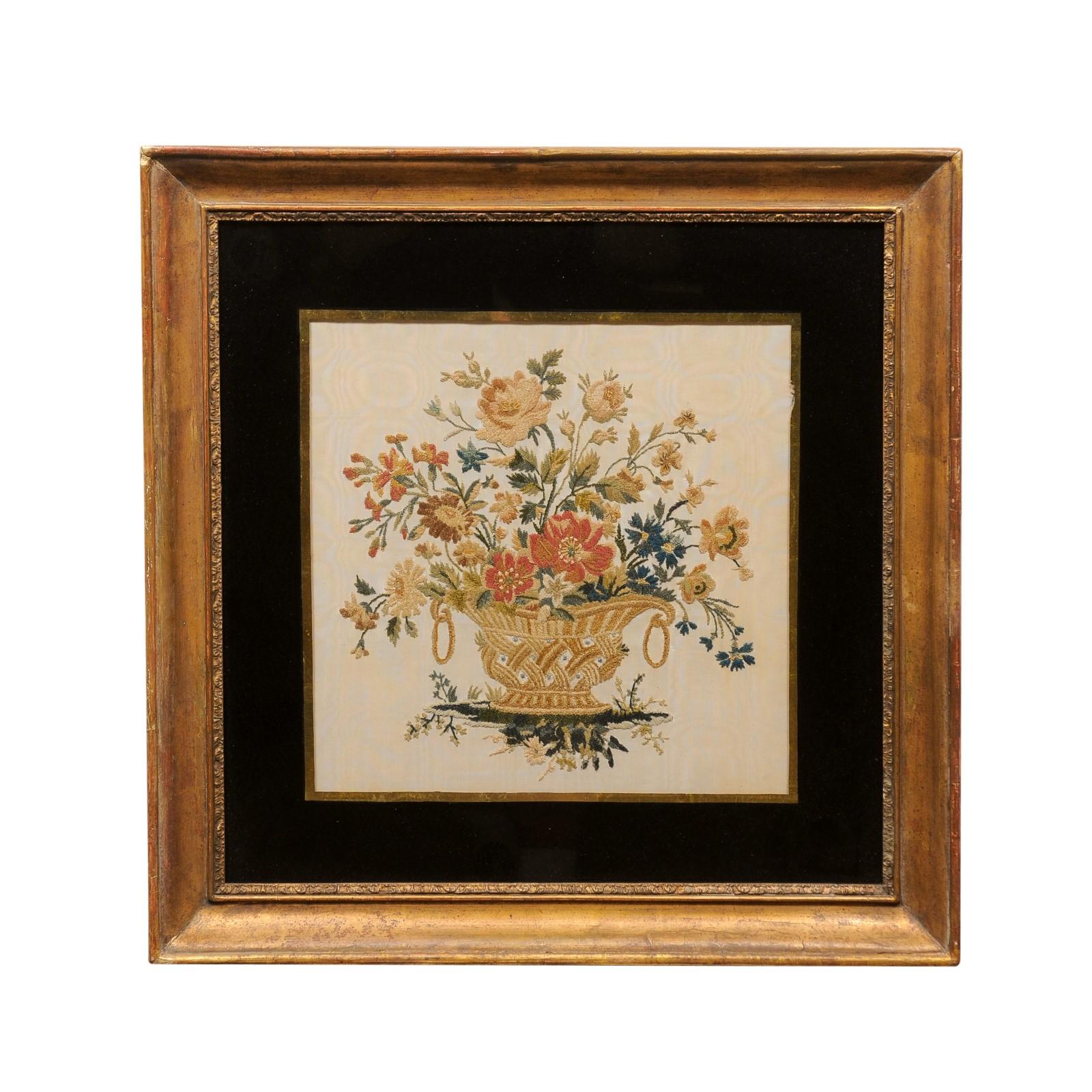 Framed 19th Century English Silk Sampler with Flower Basket In Good Condition In Atlanta, GA