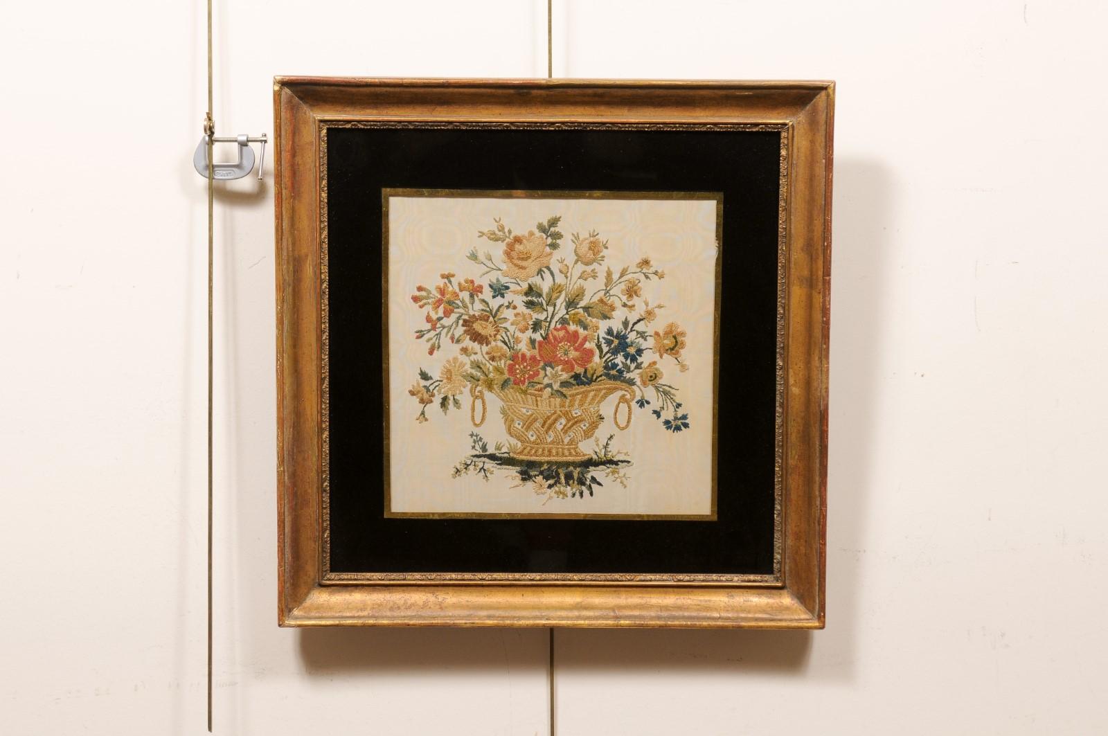 Framed 19th Century English Silk Sampler with Flower Basket 1