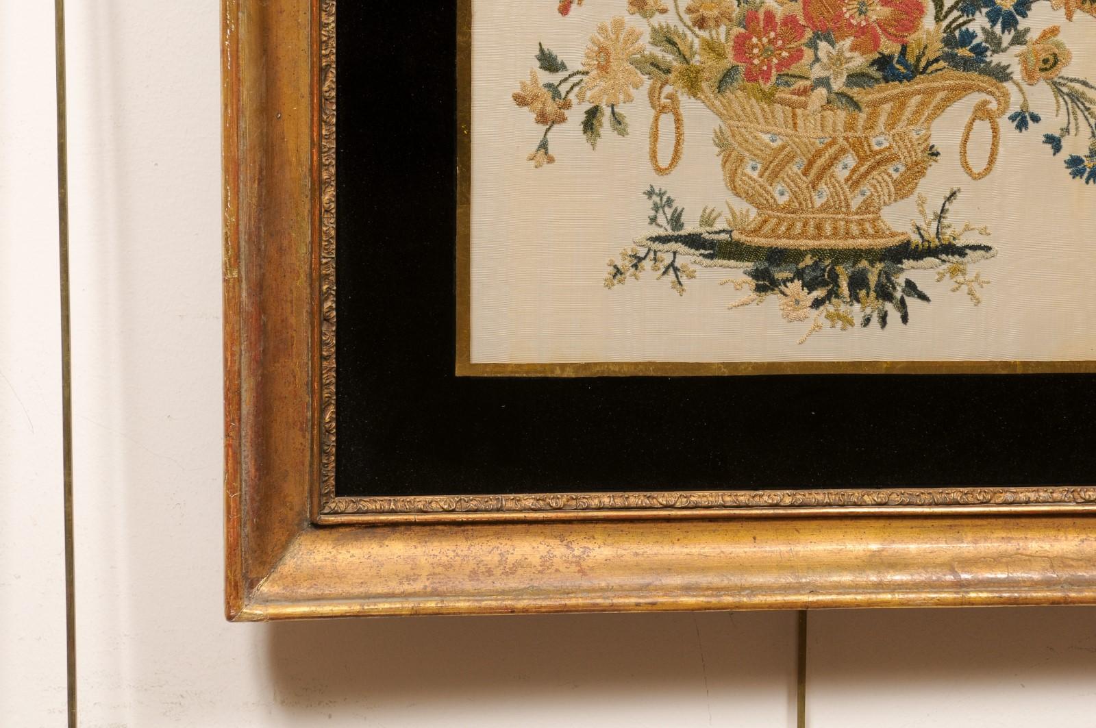Framed 19th Century English Silk Sampler with Flower Basket 2