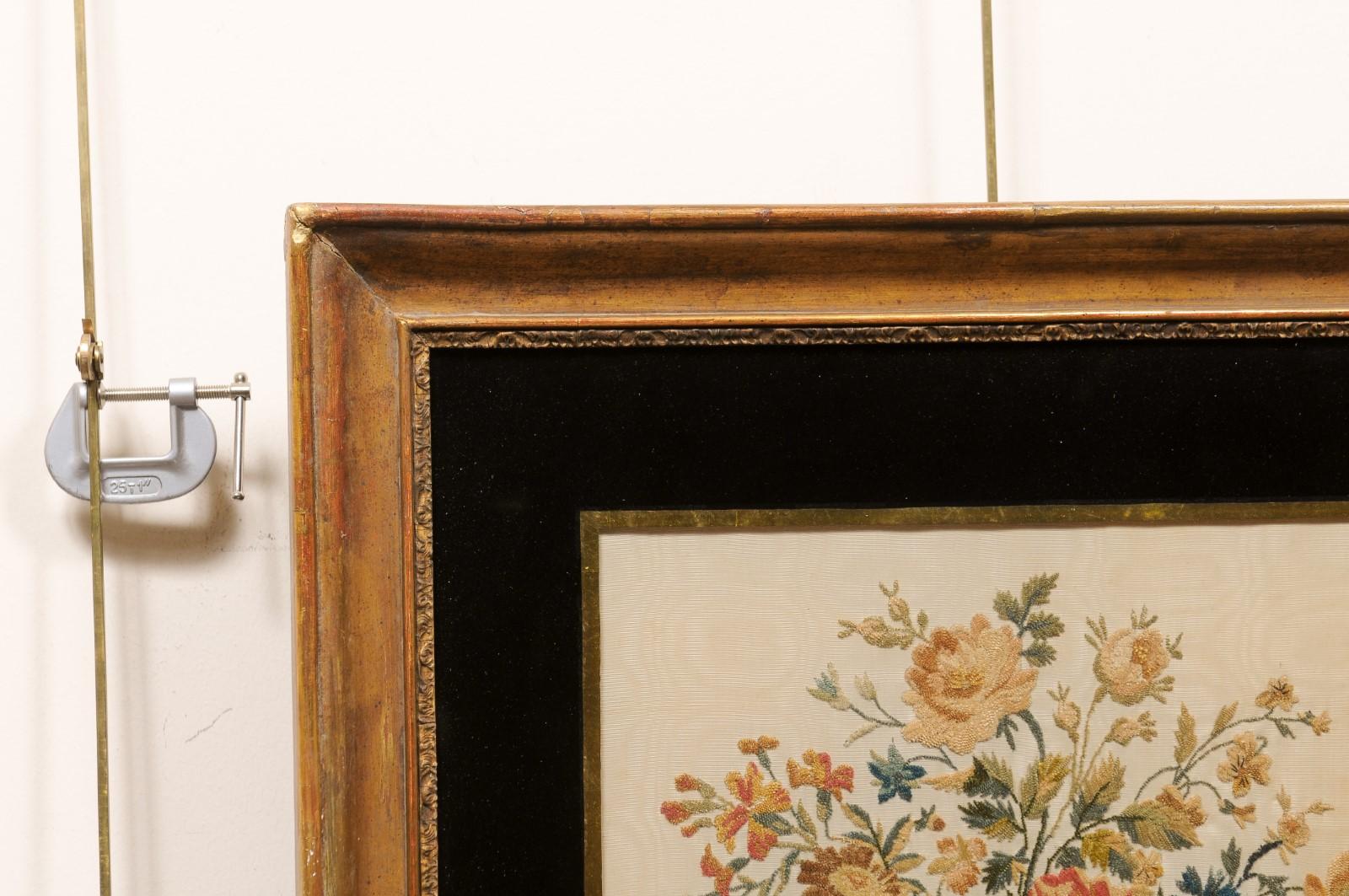 Framed 19th Century English Silk Sampler with Flower Basket 3