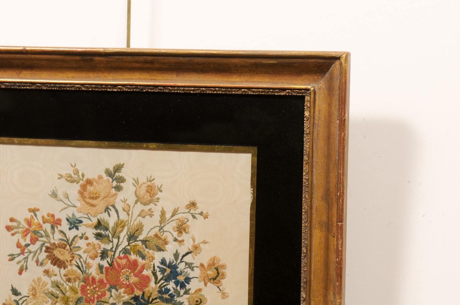 Framed 19th Century English Silk Sampler with Flower Basket 4