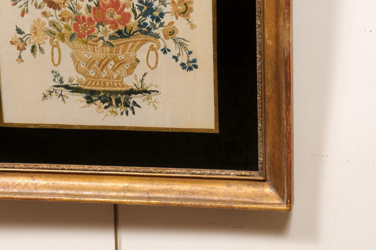 Framed 19th Century English Silk Sampler with Flower Basket 5