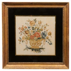 Antique Framed 19th Century English Silk Sampler with Flower Basket