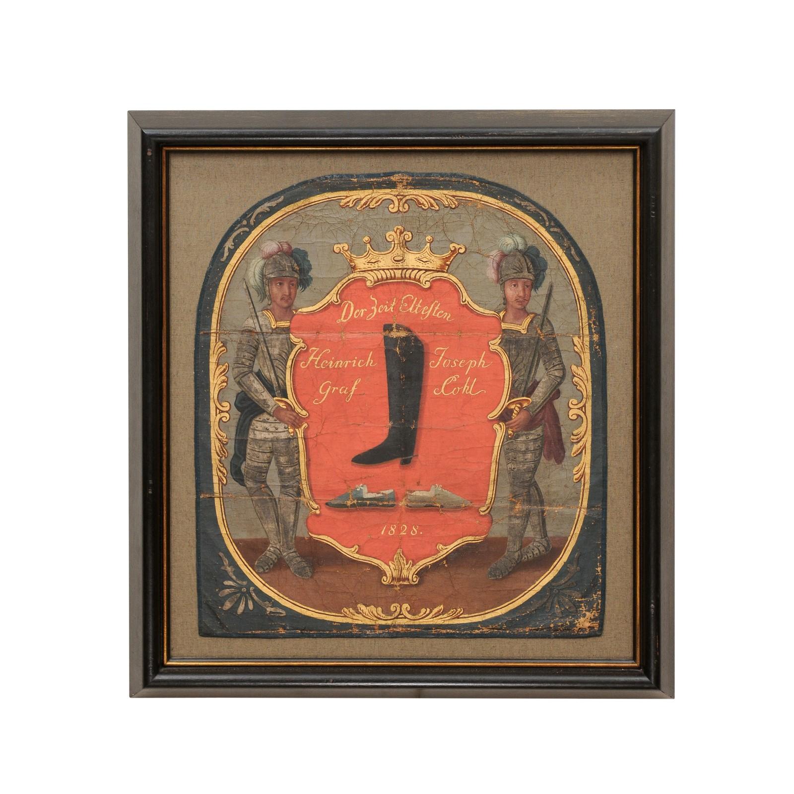 Framed 19th Century German Painted Leather Sign for Shoe Sales In Good Condition For Sale In Atlanta, GA