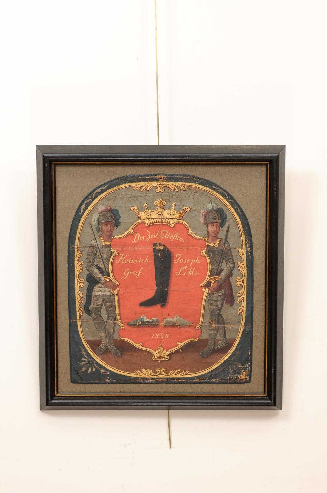 Wood Framed 19th Century German Painted Leather Sign for Shoe Sales For Sale