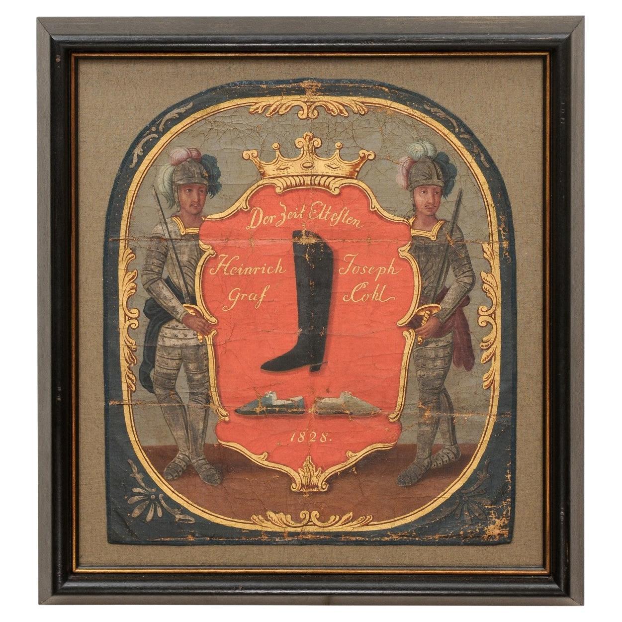 Panneau encadré en cuir peint allemand du 19ème siècle pour les ventes de chaussures en vente