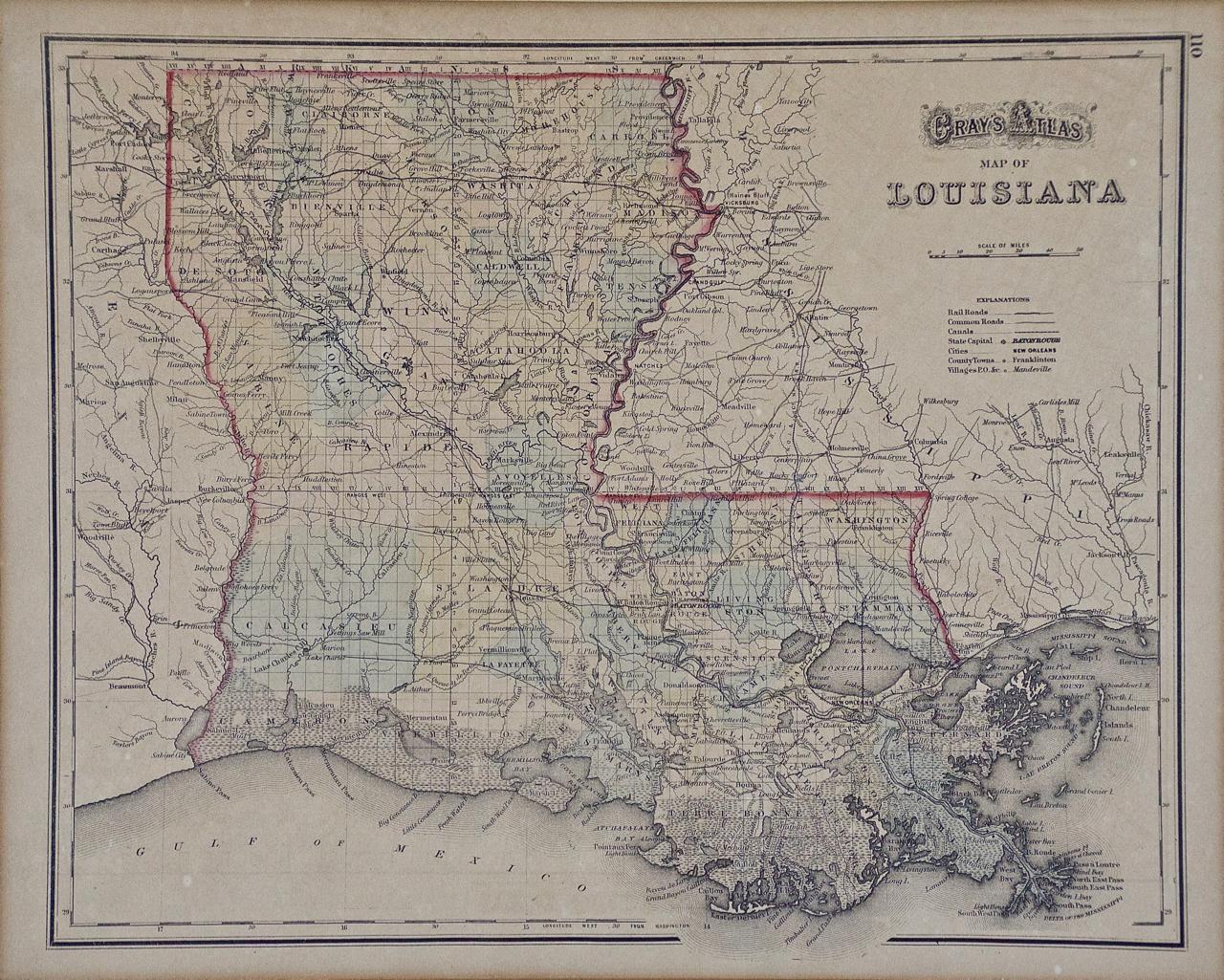 Diese gerahmte Karte des Louisiana-Territoriums aus dem 19. Jahrhundert wurde in 