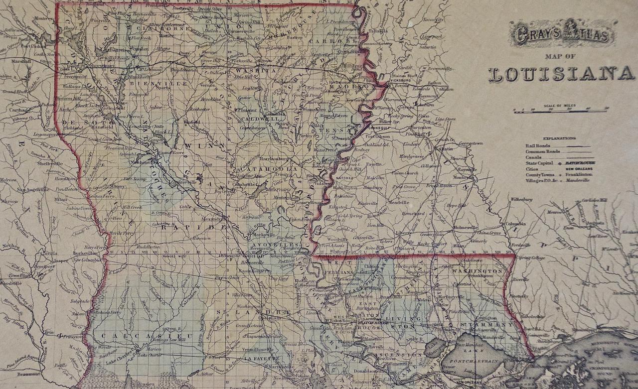 American Louisiana: A Framed 19th Century Map by O. W. Gray For Sale