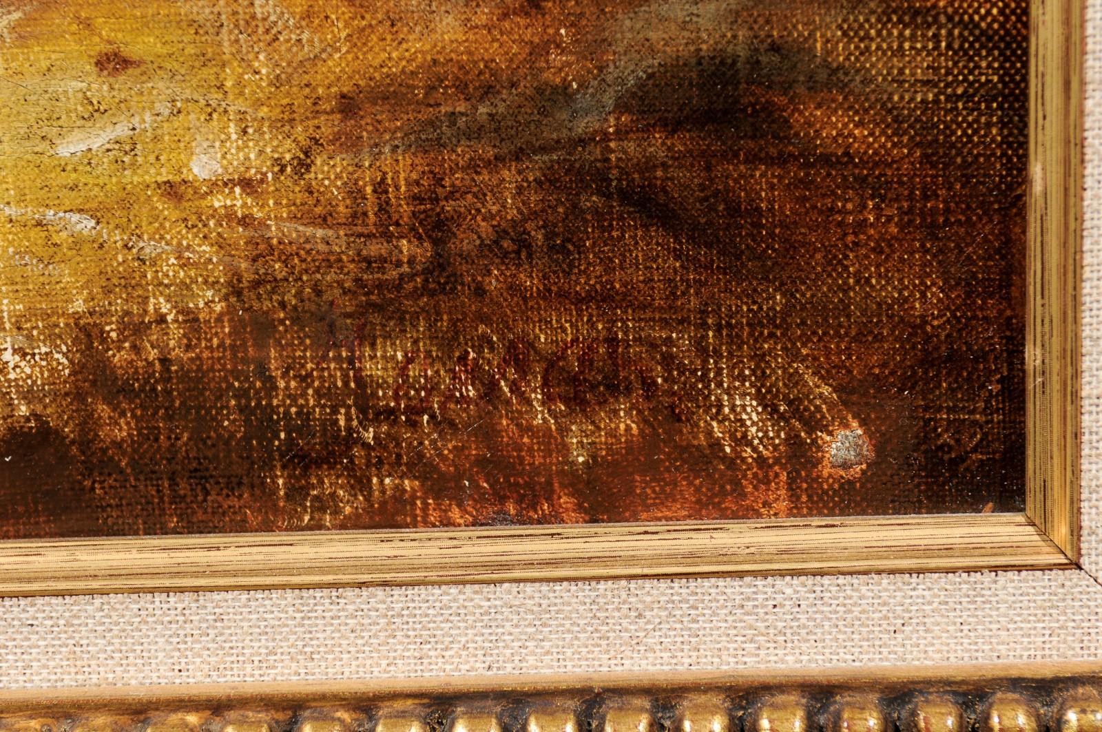 Gerahmtes Gemälde einer Scheune aus dem 19. Jahrhundert in Öl auf Leinwand mit Hahn, Hennen und Küken 5