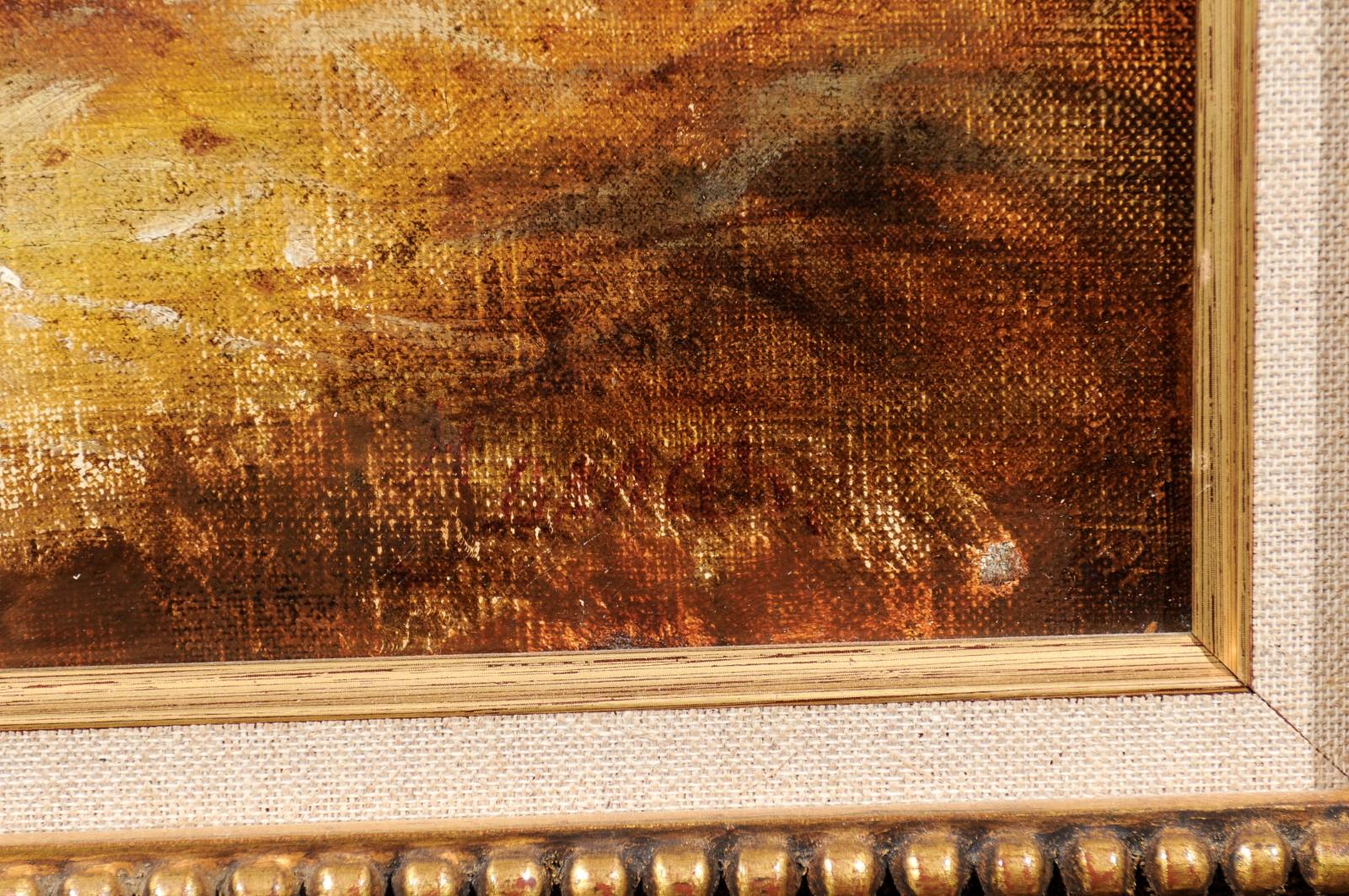 Gerahmtes Gemälde einer Scheune aus dem 19. Jahrhundert in Öl auf Leinwand mit Hahn, Hennen und Küken 6