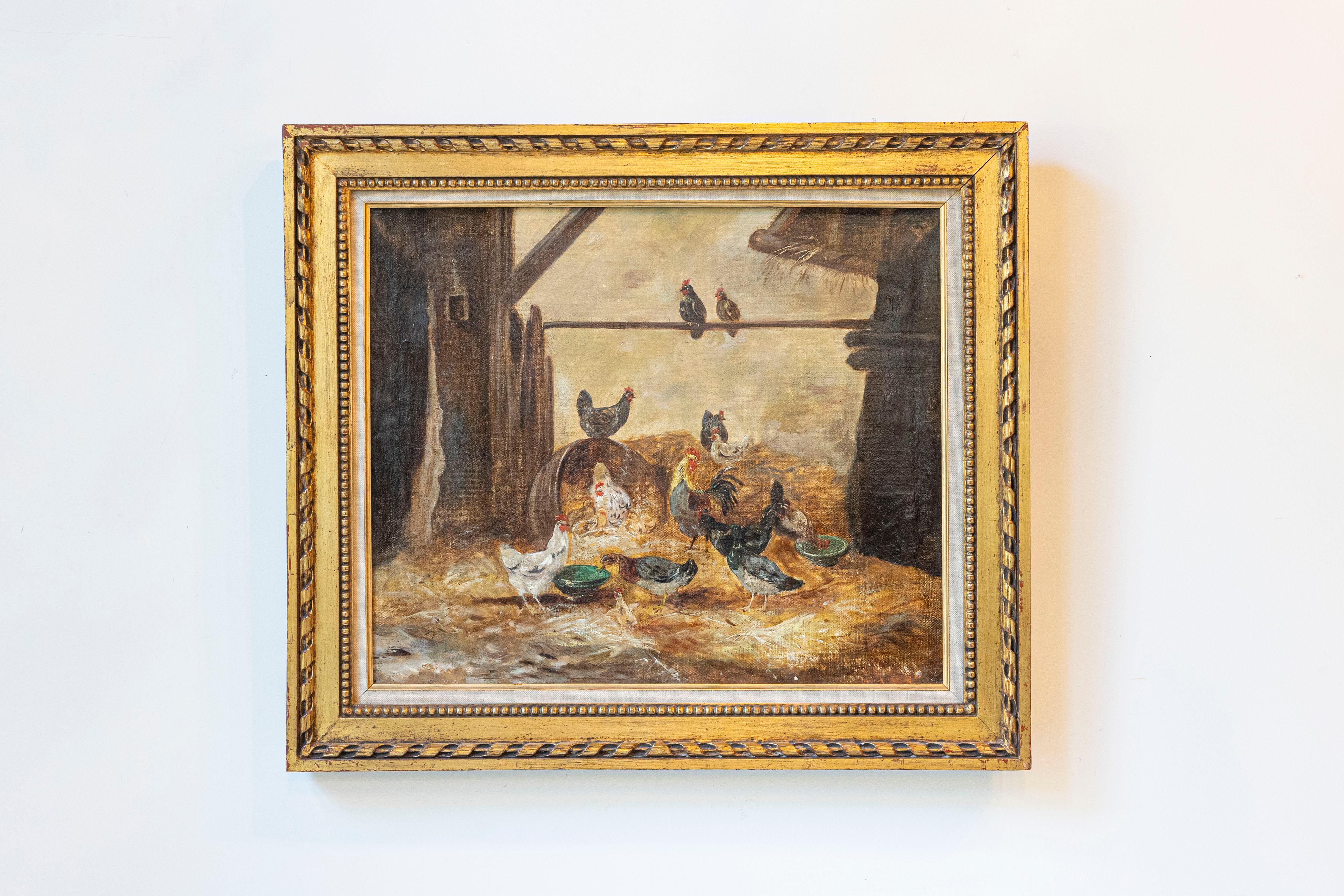 Ein gerahmtes Gemälde aus dem späten 19. Jahrhundert mit Öl auf Leinwand, das Hühner, Küken, einen Hahn und Enten zeigt. Dieses exquisite Ölgemälde im Querformat stammt aus dem 19. Jahrhundert und zeigt eine Gruppe von Hühnern und Enten, die sich um