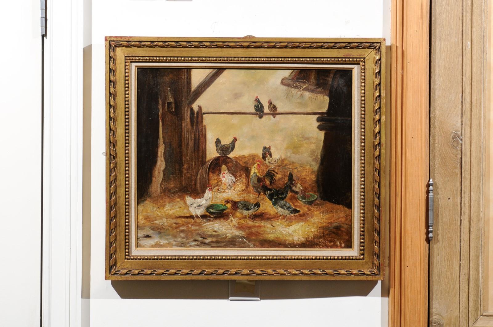 Unknown Framed 19th Century Oil on Canvas Barn Painting with Rooster, Hens and Chicks For Sale