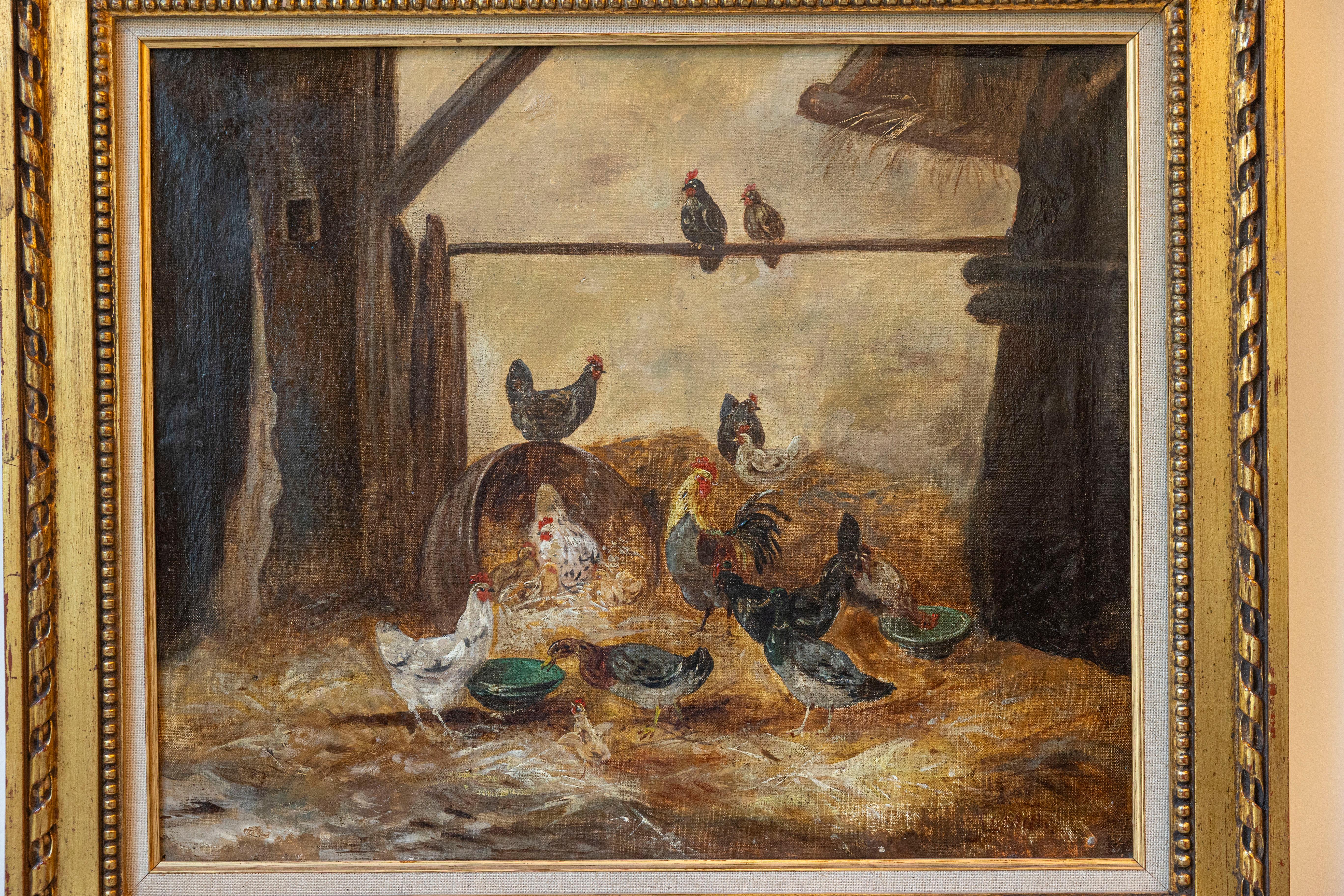 Gerahmtes Gemälde einer Scheune aus dem 19. Jahrhundert in Öl auf Leinwand mit Hahn, Hennen und Küken (Vergoldet) im Angebot