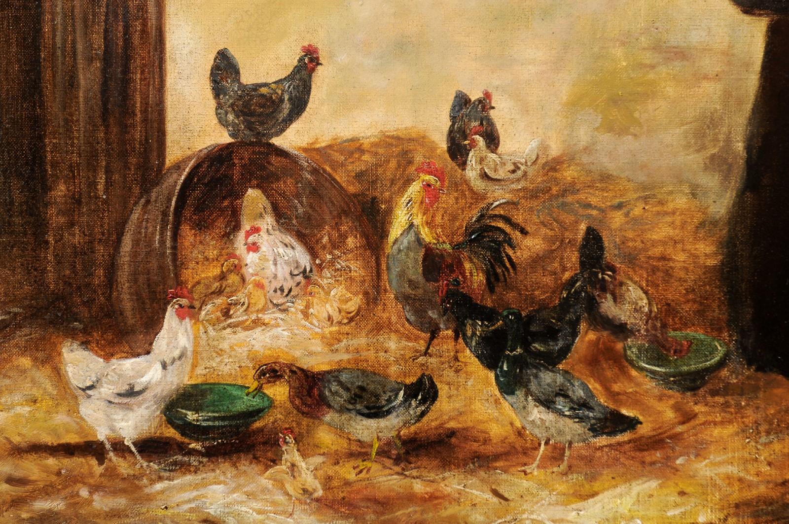 Framed 19th Century Oil on Canvas Barn Painting with Rooster, Hens and Chicks In Good Condition For Sale In Atlanta, GA