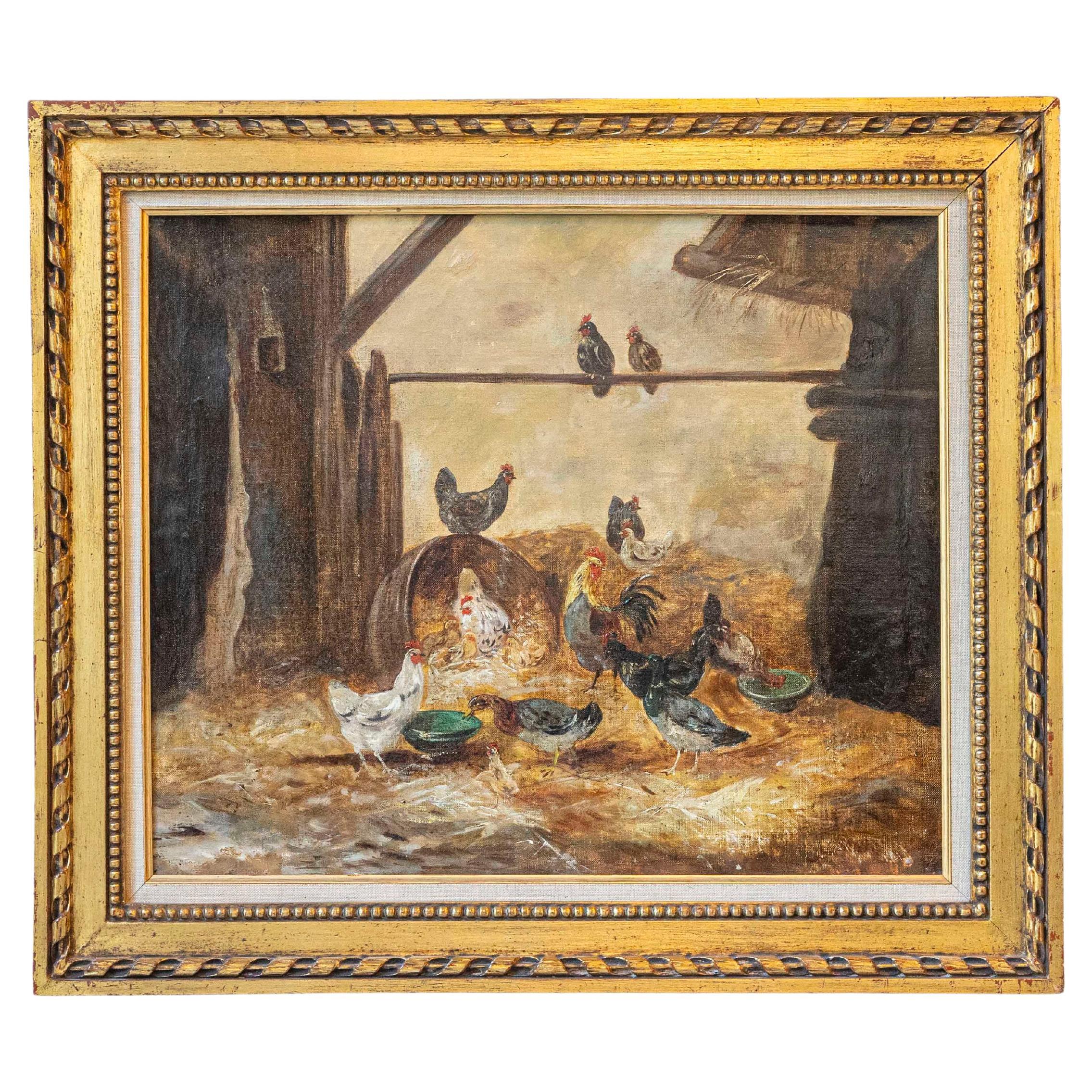 Framed 19th Century Oil on Canvas Barn Painting with Rooster, Hens and Chicks