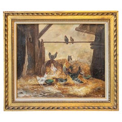 Framed 19th Century Oil on Canvas Barn Painting with Rooster, Hens and Chicks