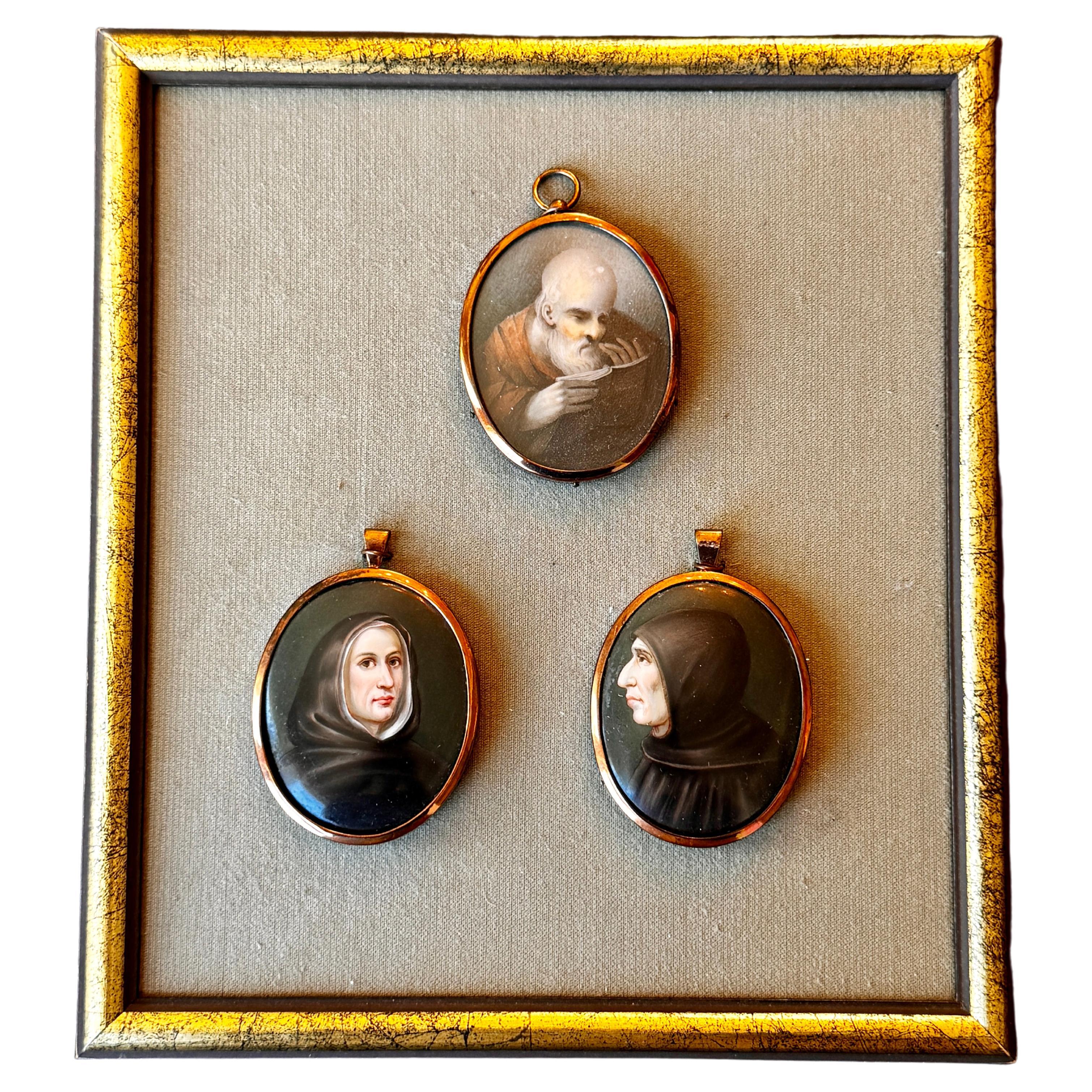 Framed 19th Century Porcelain Miniatures of Monks Hand-Painted 
