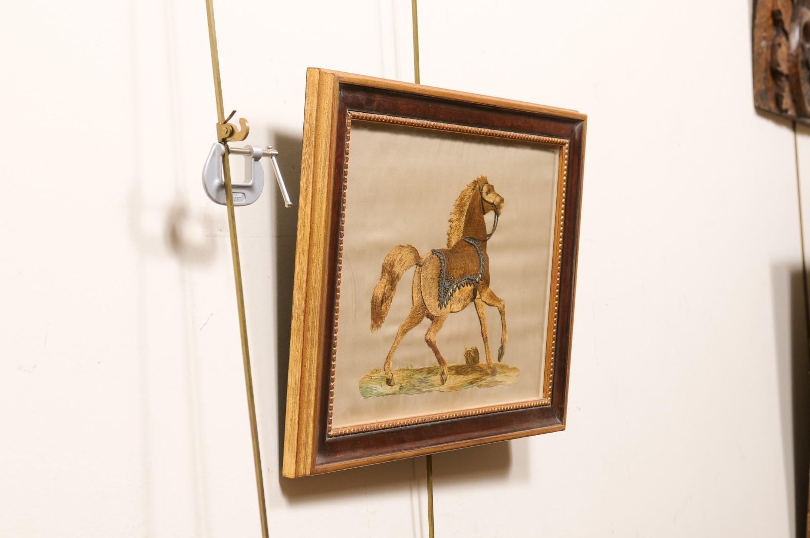 String Framed 19th Century Silk Embroidery of Horse For Sale