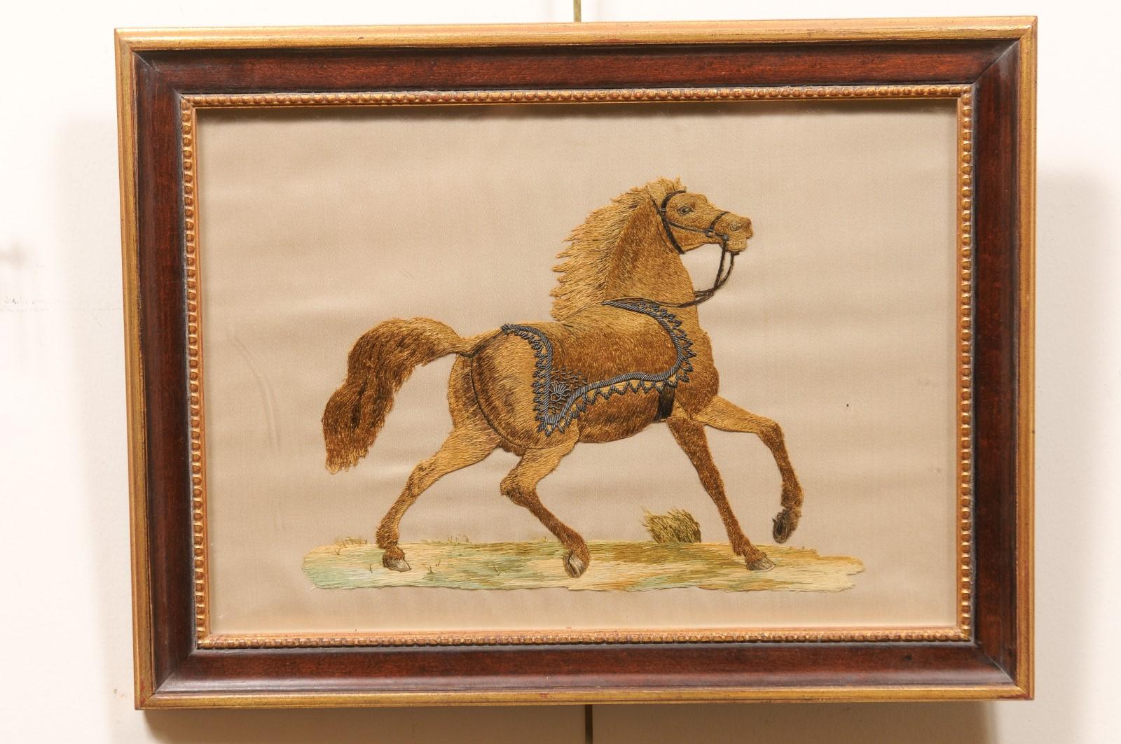 Framed 19th Century Silk Embroidery of Horse For Sale 1