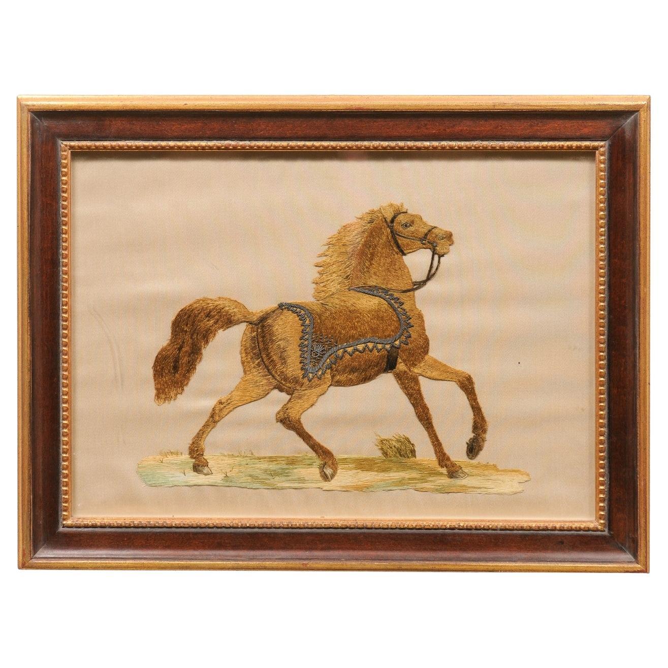 broderie de cheval en soie encadrée du 19ème siècle