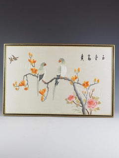 Framed 20th Century Chinese Silk Love Birds Embroidery
