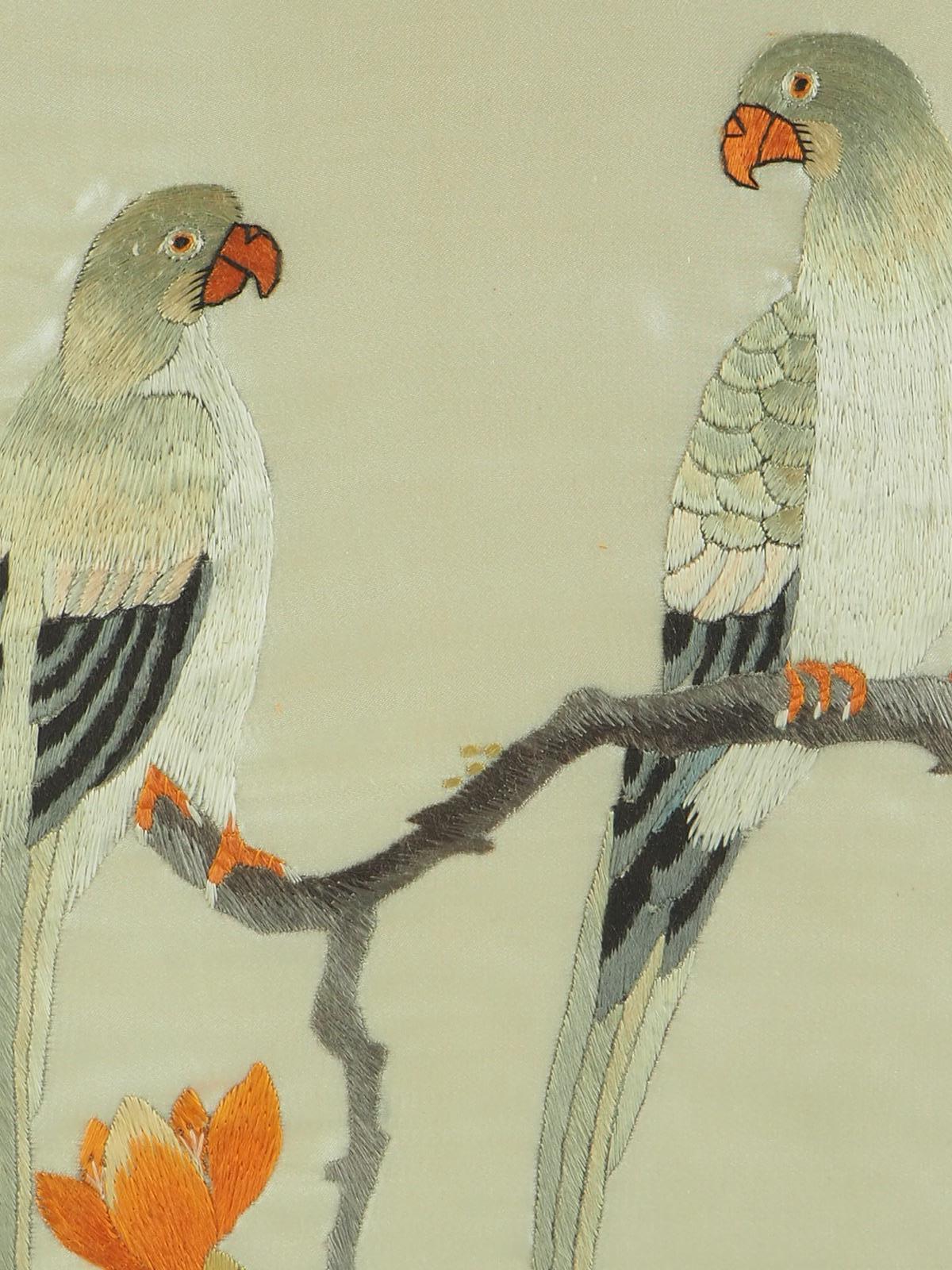 Embroidered Framed 20th Century Chinese Silk Love Birds Embroidery