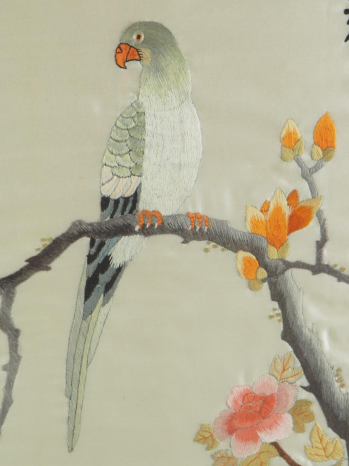 Framed 20th Century Chinese Silk Love Birds Embroidery 1
