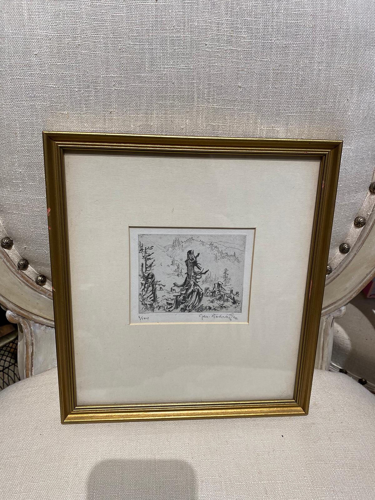 Framed 20th century etching of tree, illegible signature.