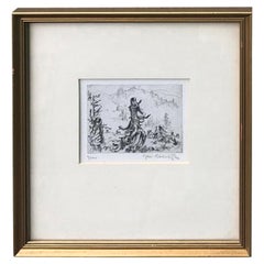 Framed 20th Century Etching of Tree, Illegible Signature