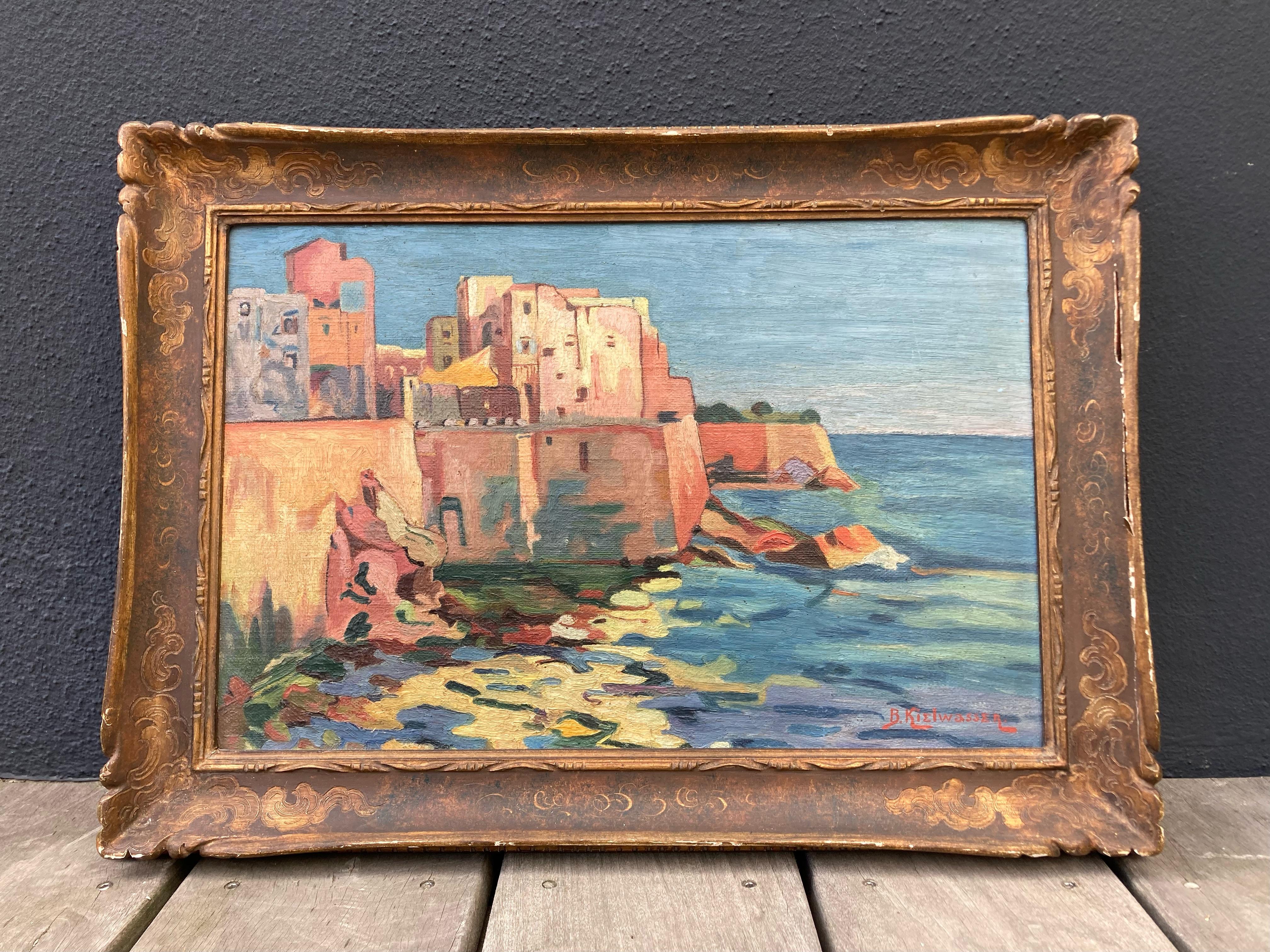 A very colorful, early 20th century original oil painting on canvas board. Sourced in France, this modernist artwork is signed by the artist and colorist, B. Kielwasser, but not dated. The painting features the shoreline of a fortified town in the