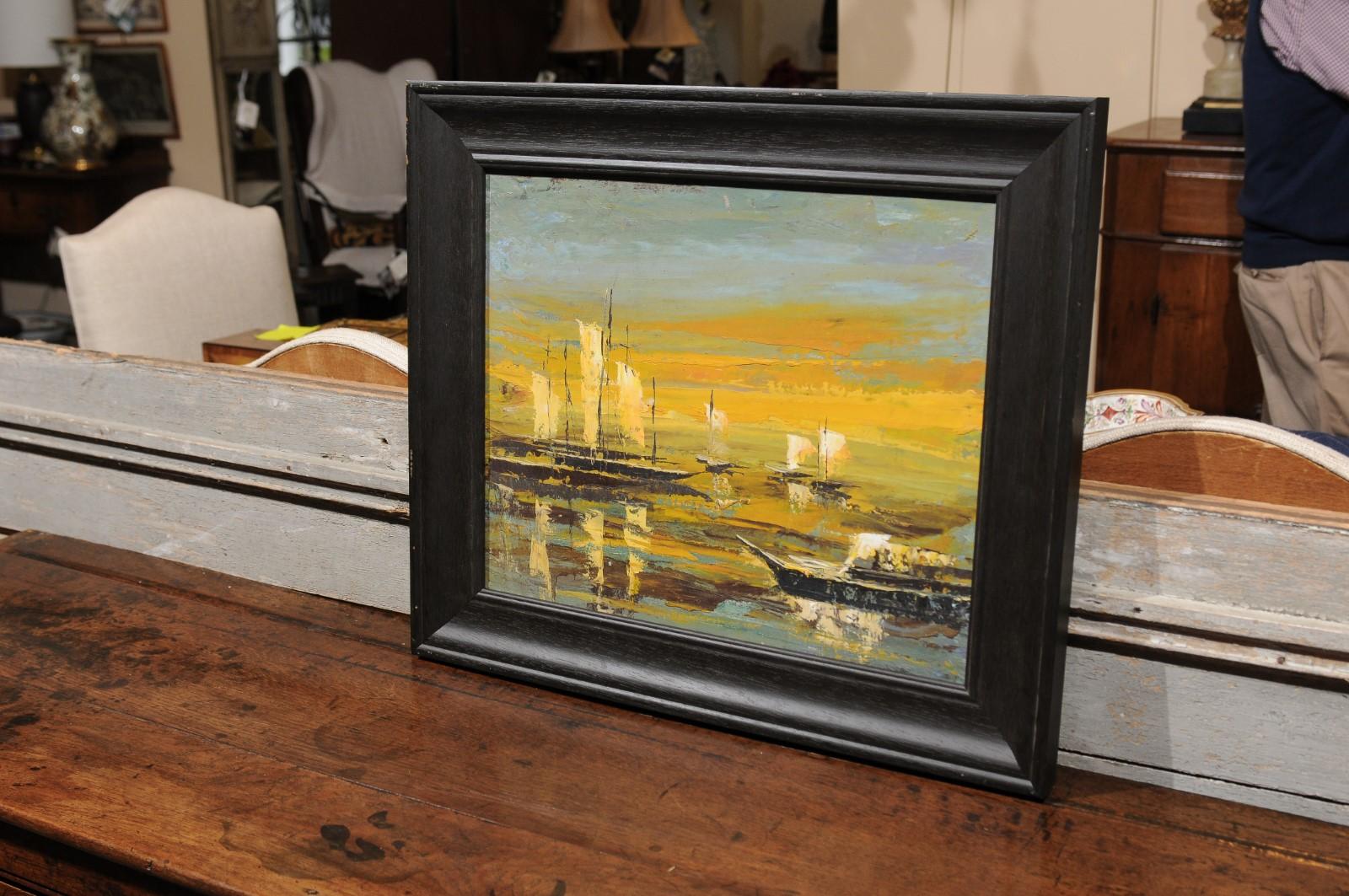 Framed 20th Century Oil on Canvas Seascape Painting with Sailboats For Sale 7