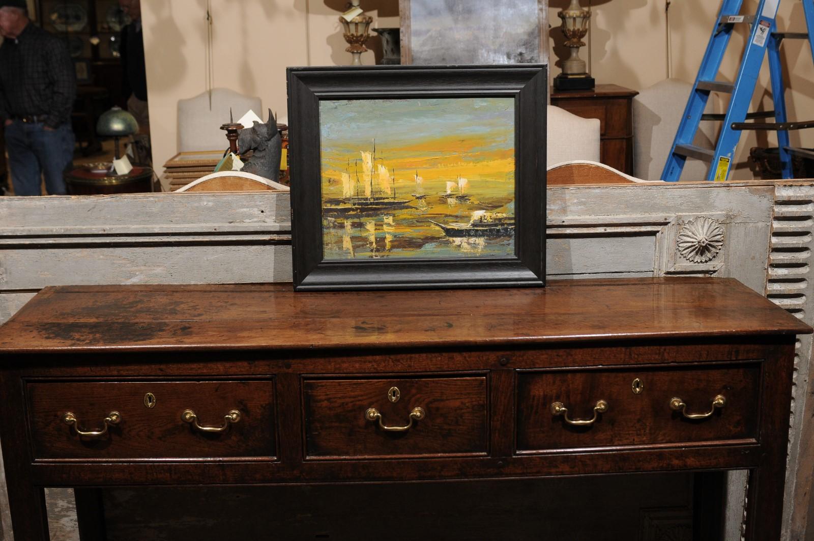Framed 20th Century Oil on Canvas Seascape Painting with Sailboats In Good Condition For Sale In Atlanta, GA