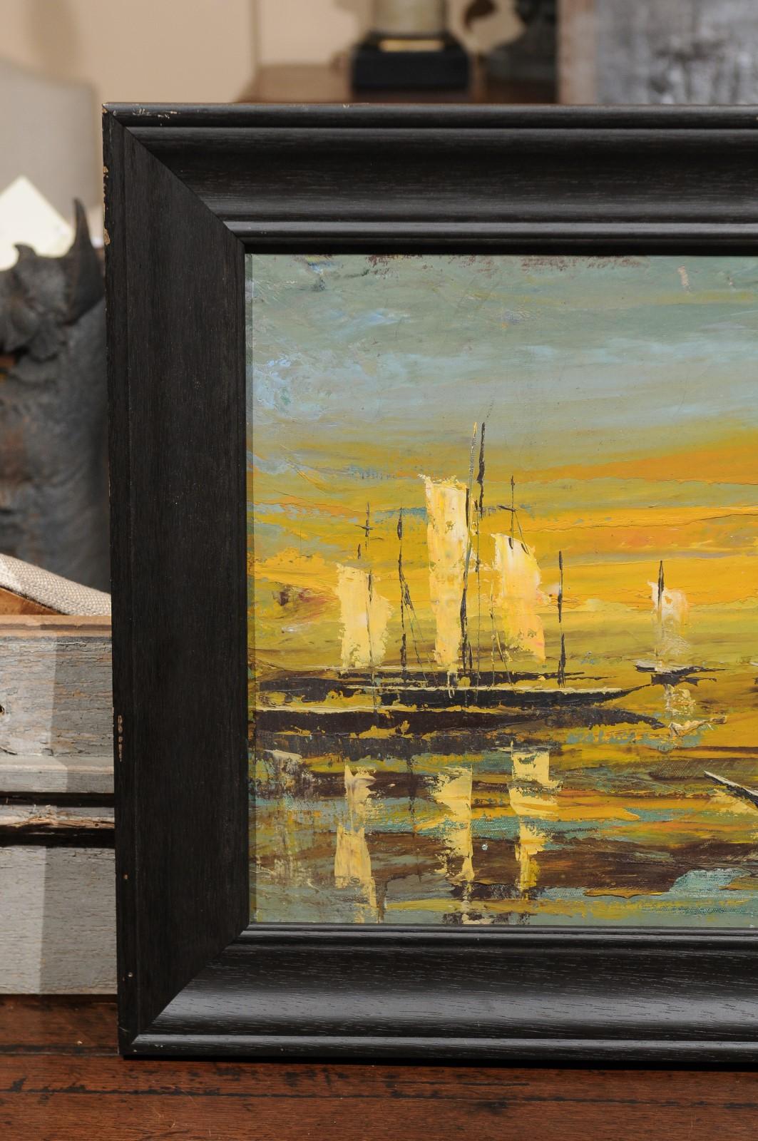 Framed 20th Century Oil on Canvas Seascape Painting with Sailboats For Sale 1