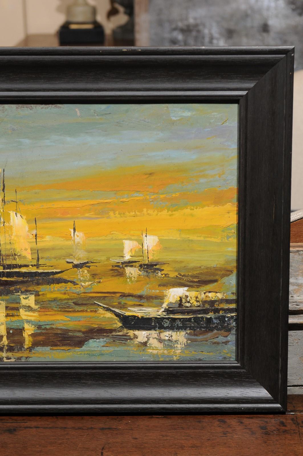 Framed 20th Century Oil on Canvas Seascape Painting with Sailboats For Sale 2
