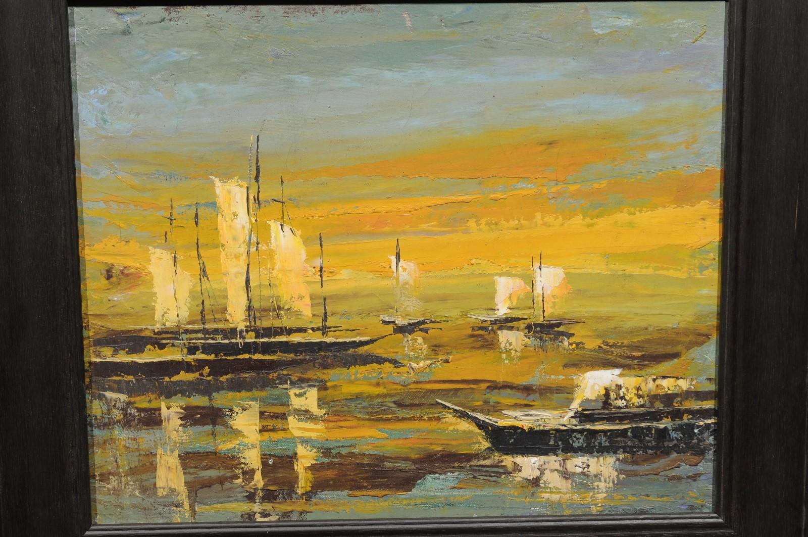 Framed 20th Century Oil on Canvas Seascape Painting with Sailboats For Sale 3