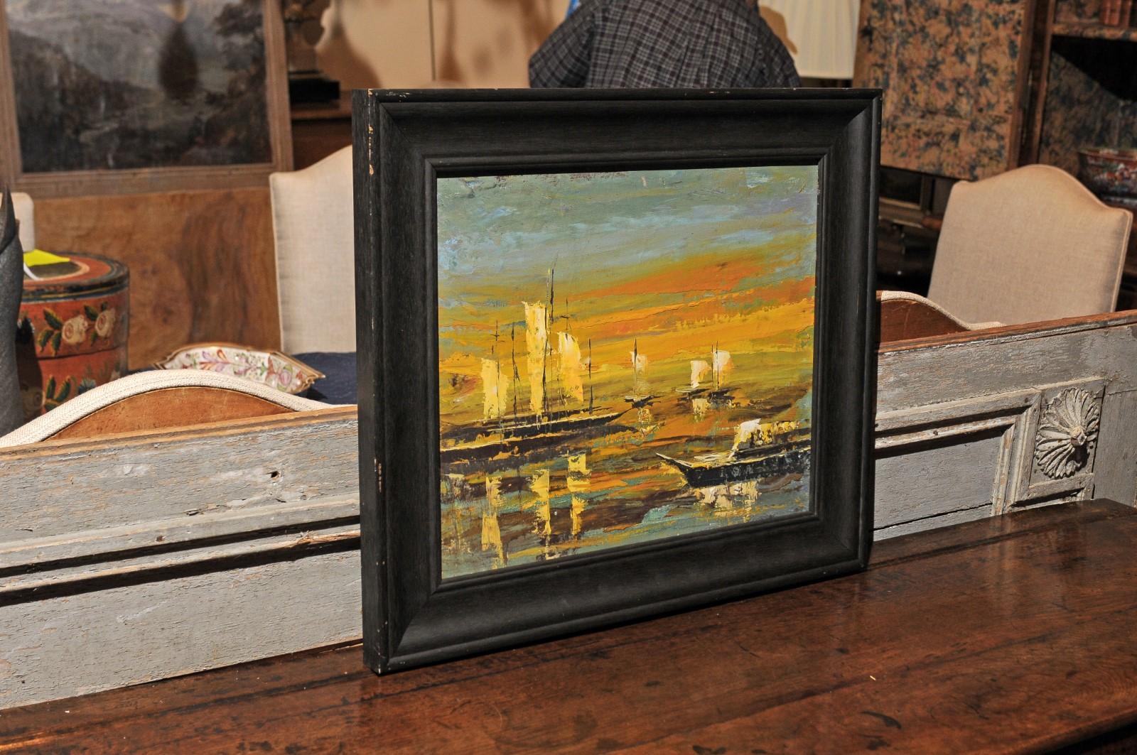 Framed 20th Century Oil on Canvas Seascape Painting with Sailboats For Sale 6