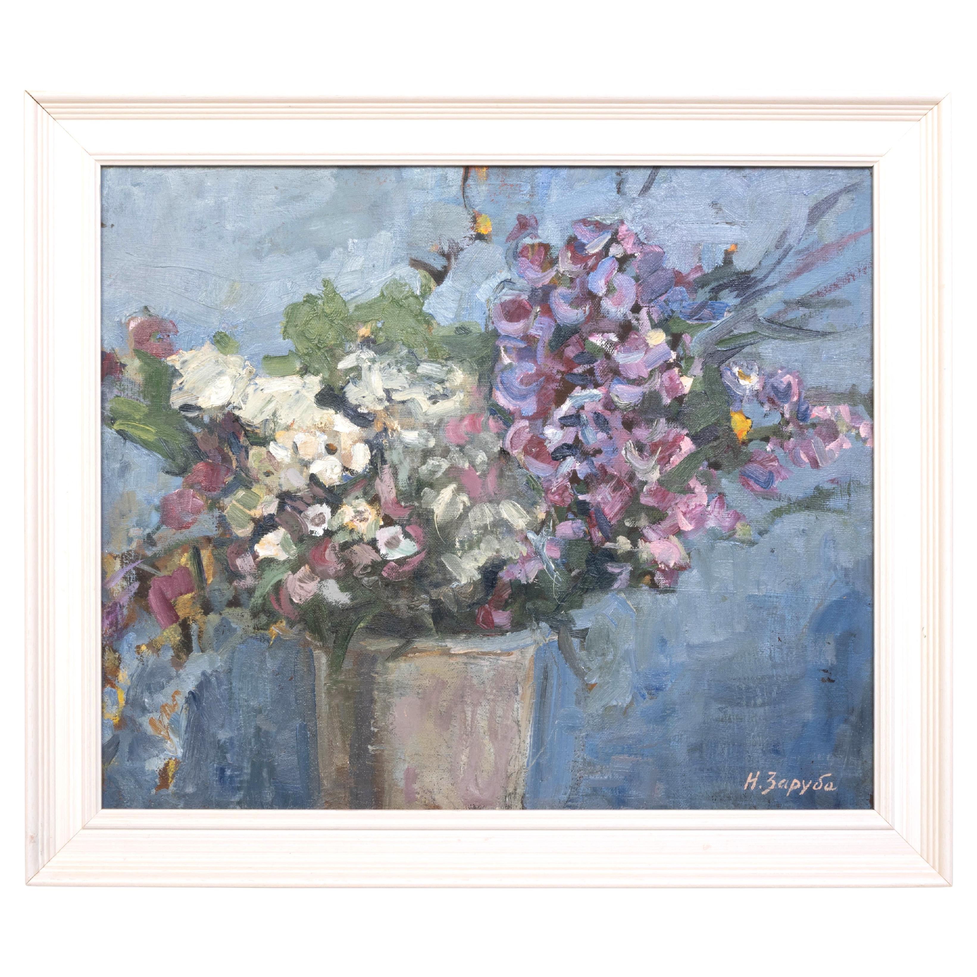 Gerahmt 20. Jahrhundert Öl auf Leinwand Stillleben Blumenstrauß, Ukraine, 1963 im Angebot