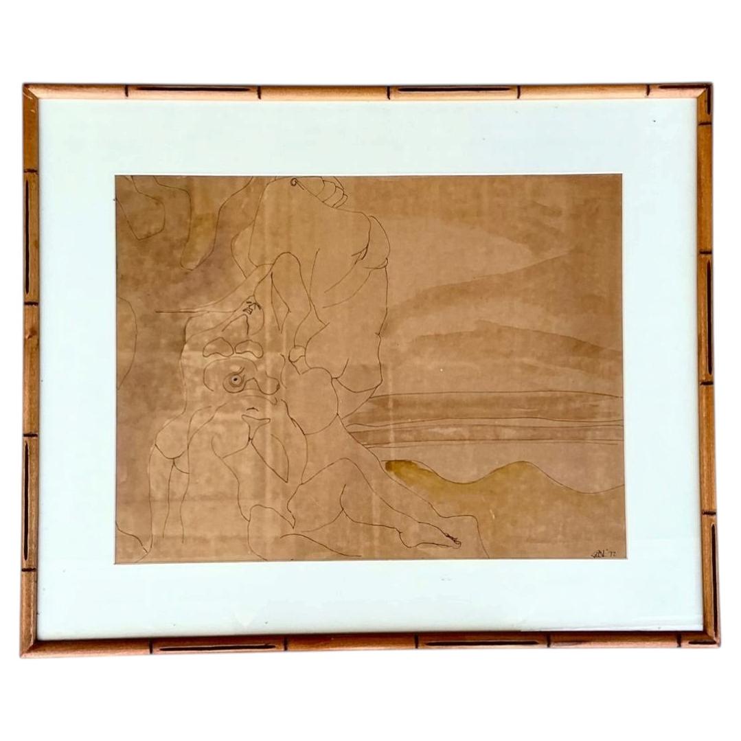 Framed Abstract Figurative Line Drawing