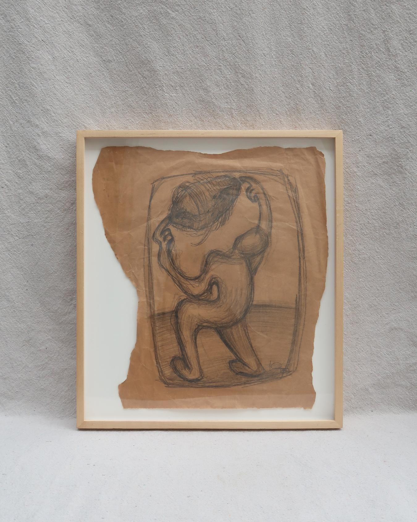 This one’s got presence. A bold, gestural figure sketched on aged paper, framed in minimalist light wood for that perfect contrast of raw and refined. The torn edges and fluid lines give it an almost ancient, unearthed quality—like something pulled