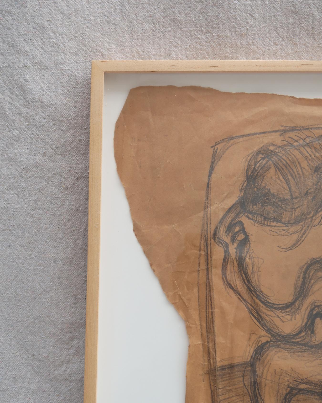 Framed Abstract Figure Drawing on Aged Paper In Excellent Condition For Sale In Los Angeles, CA