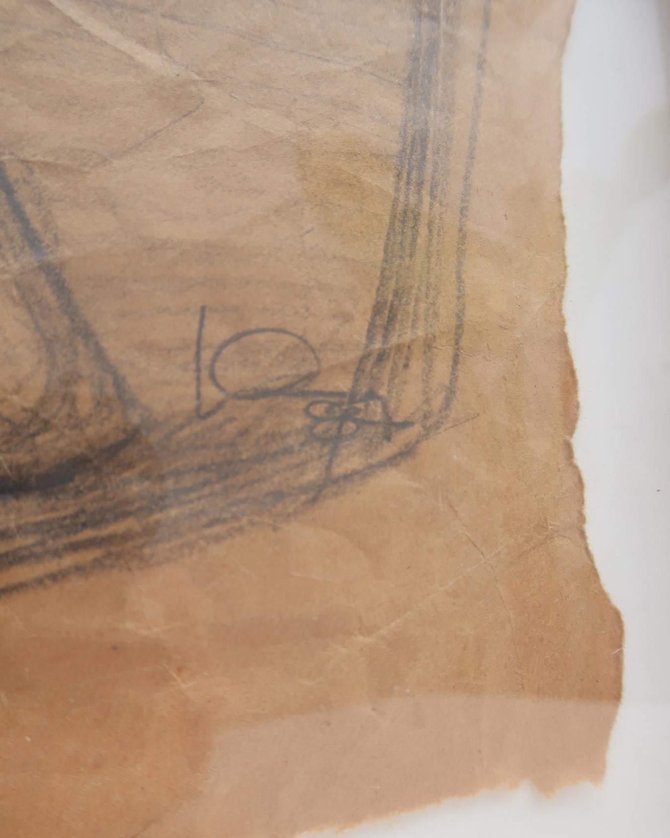 Contemporary Framed Abstract Figure Drawing on Aged Paper For Sale