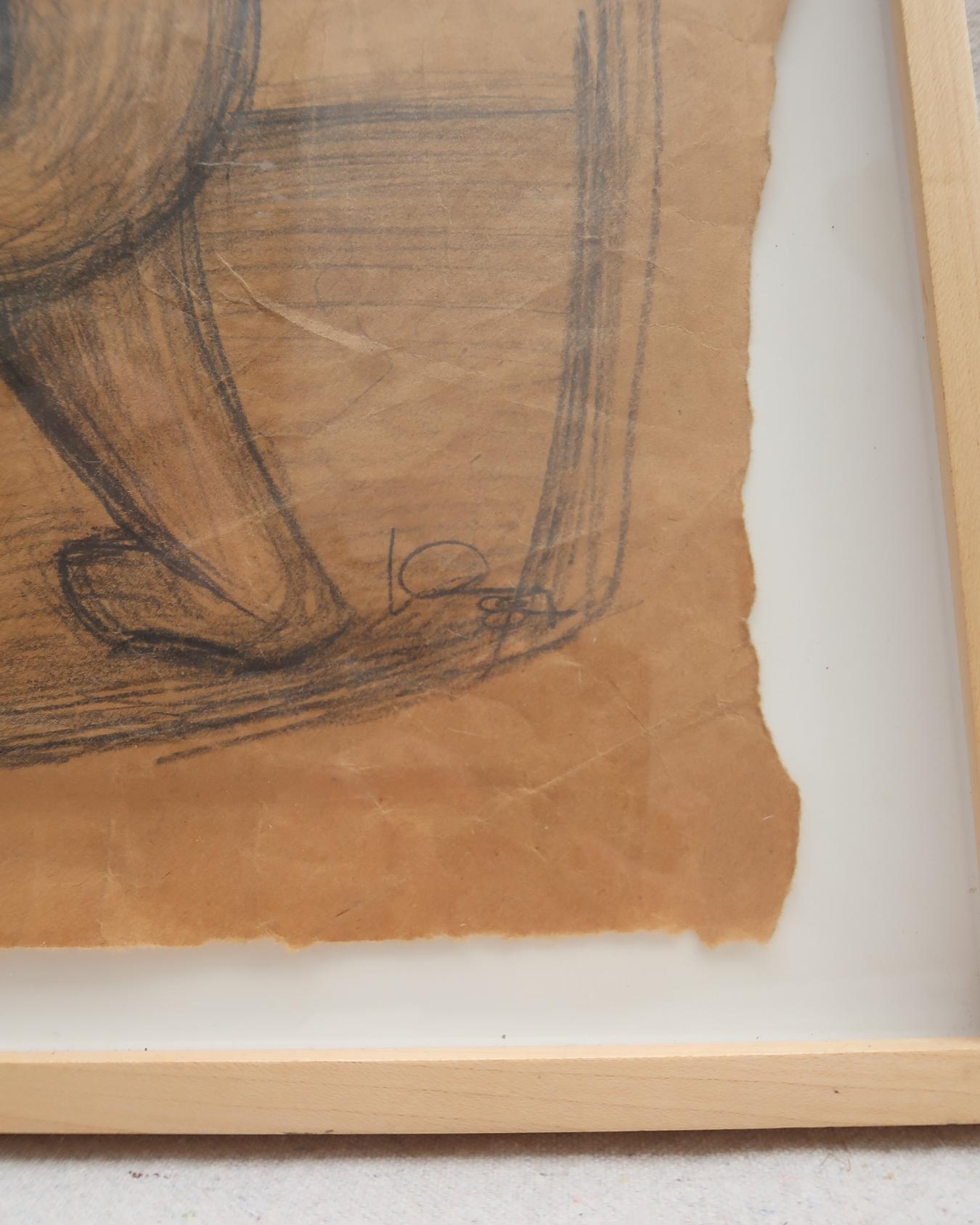 Framed Abstract Figure Drawing on Aged Paper For Sale 1