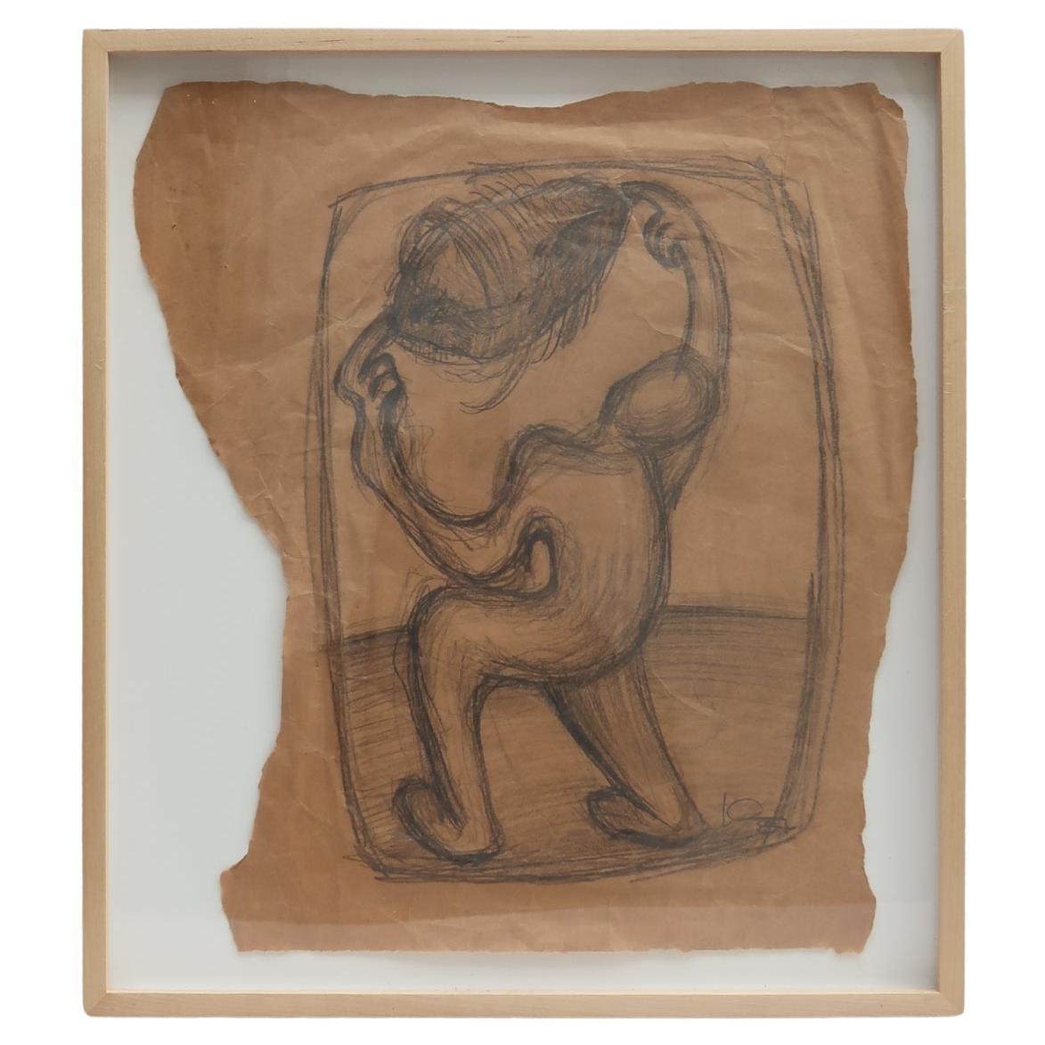 Framed Abstract Figure Drawing on Aged Paper