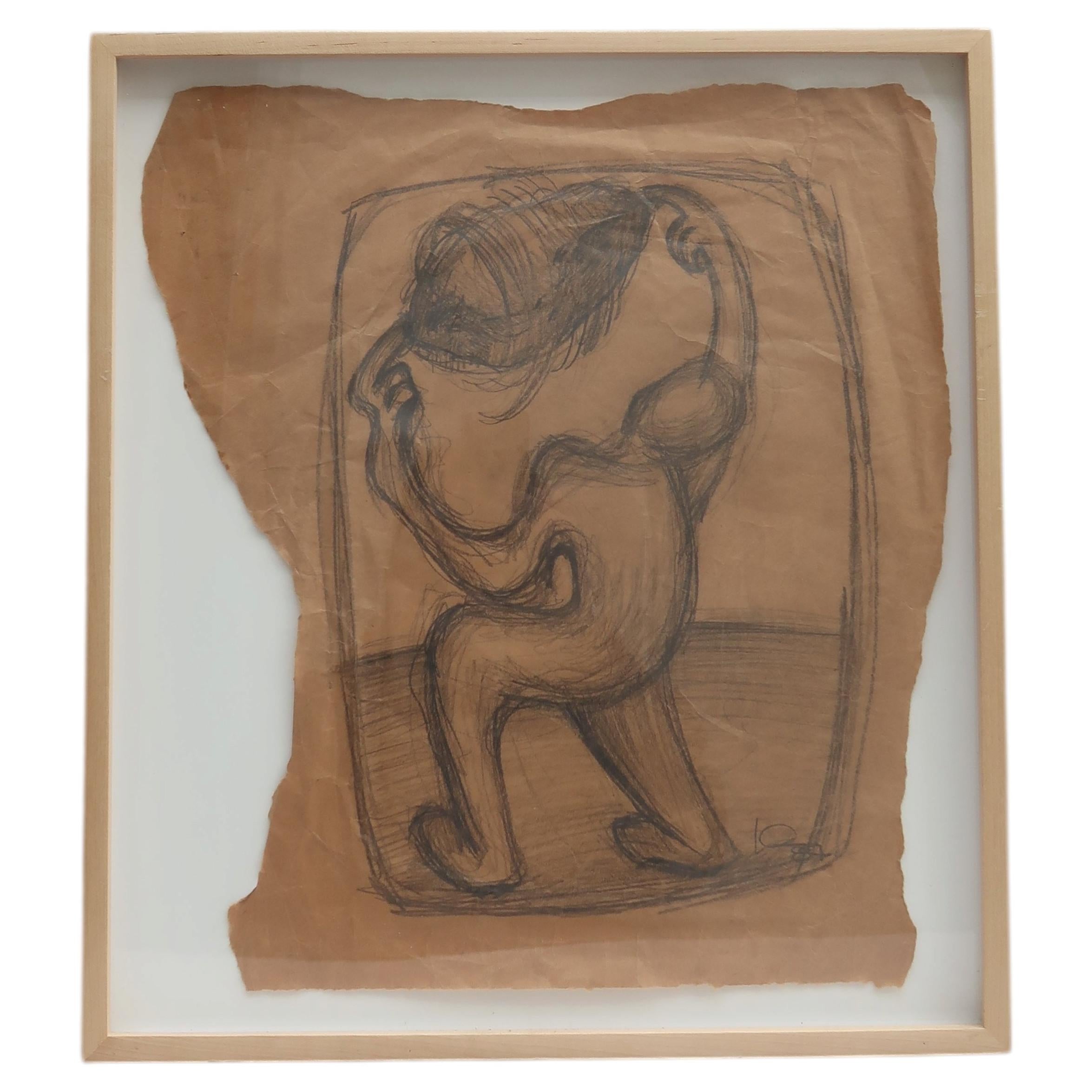 Framed Abstract Figure Drawing on Aged Paper, 21st Century, Expressive