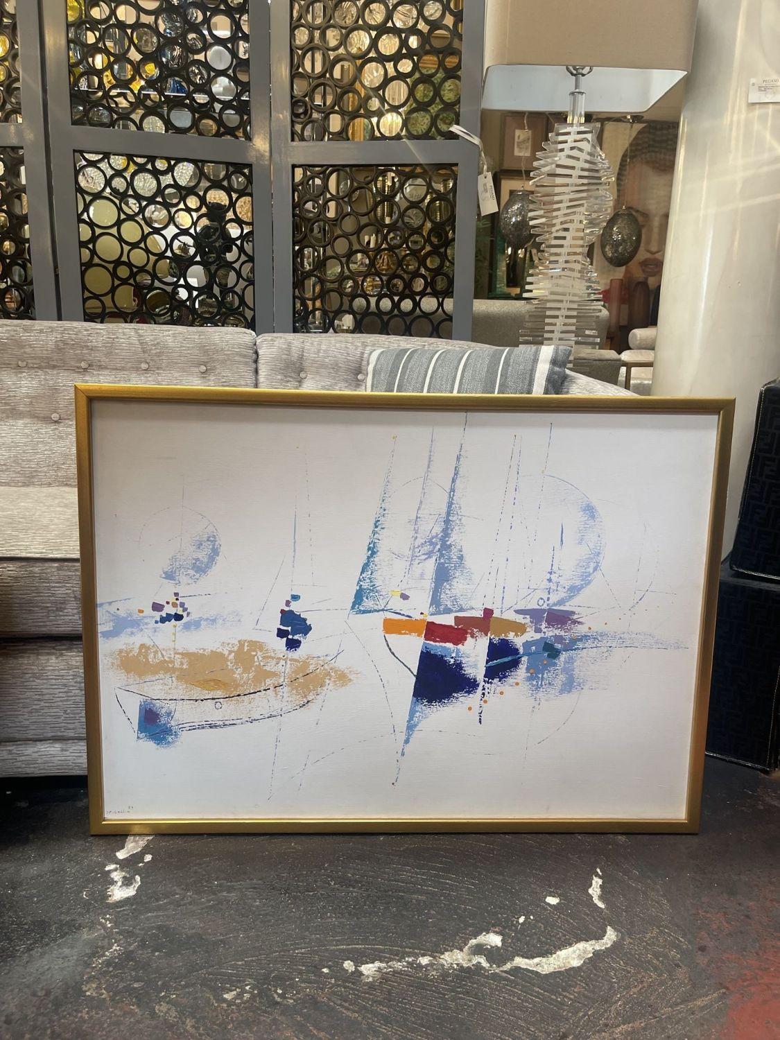 Painting on canvas of abstract sailboats by Jean-Pierre Collin (1979). Newly framed with a beautiful gold tone wooden frame.
