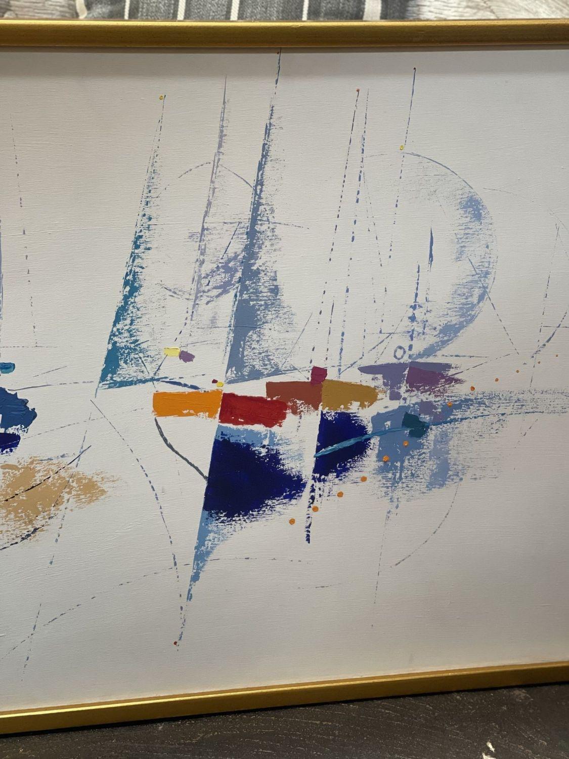 French Framed Abstract Painting of Sailboats by J.P. Collin '1979' For Sale