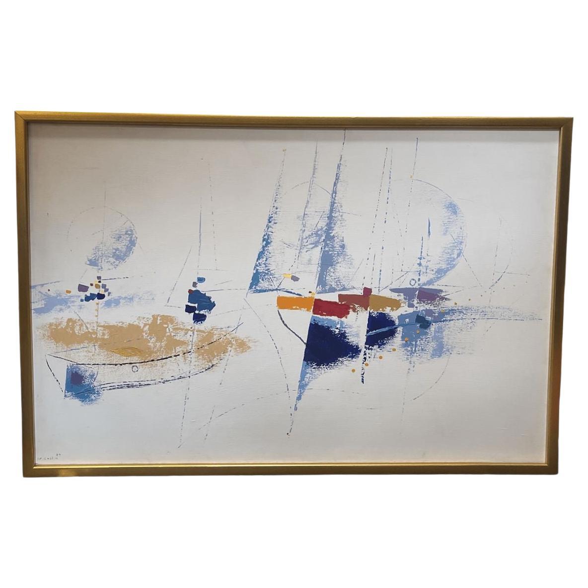 Framed Abstract Painting of Sailboats by J.P. Collin '1979' For Sale
