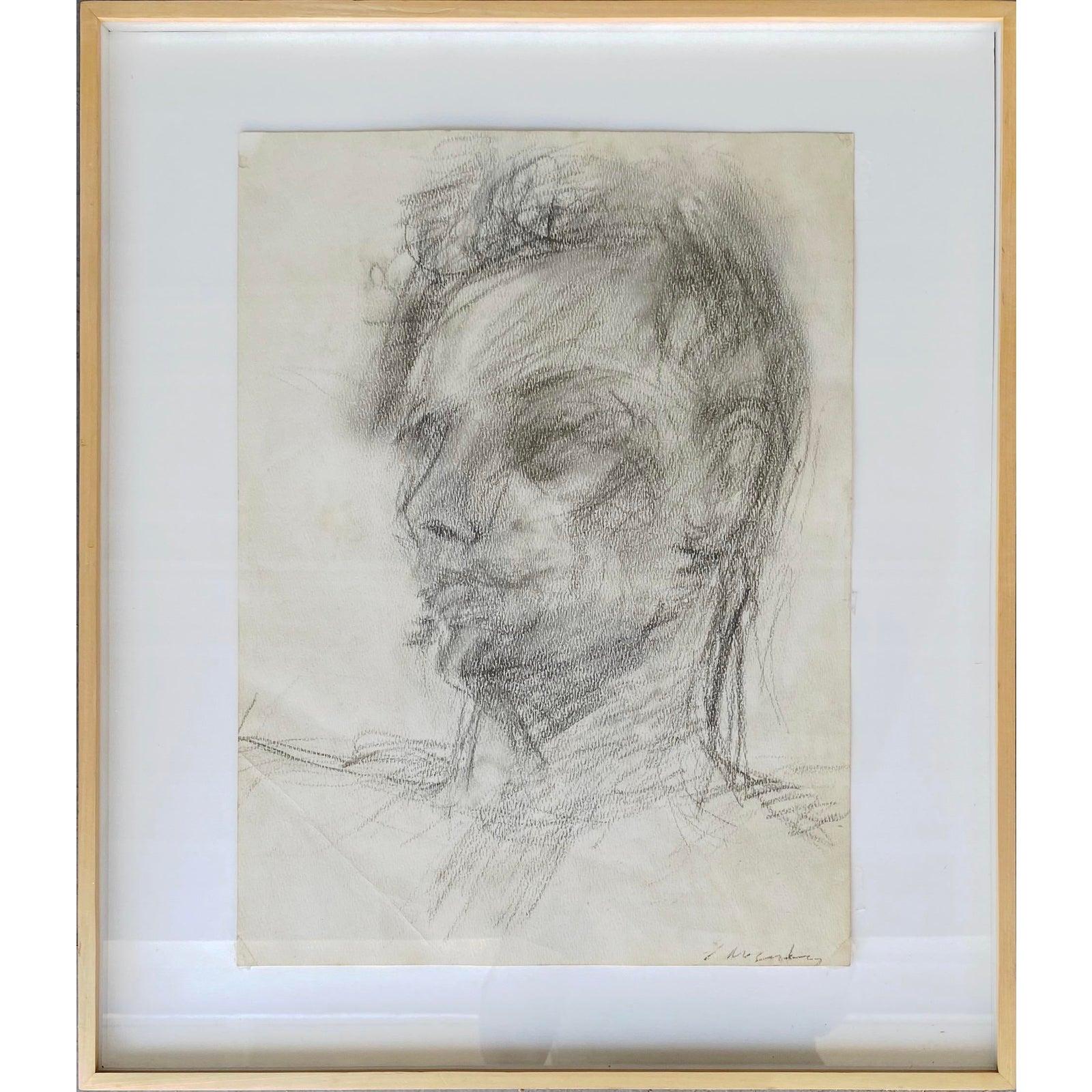 This is a framed abstract portrait of a man in a floating oak finish frame. Drawing is marked with artist’s signature, although hard to figure out the marking. Drawing is in pencil with glass on frame. Art is 10.75” x 15”; frame is 19.25” x 16.5” x