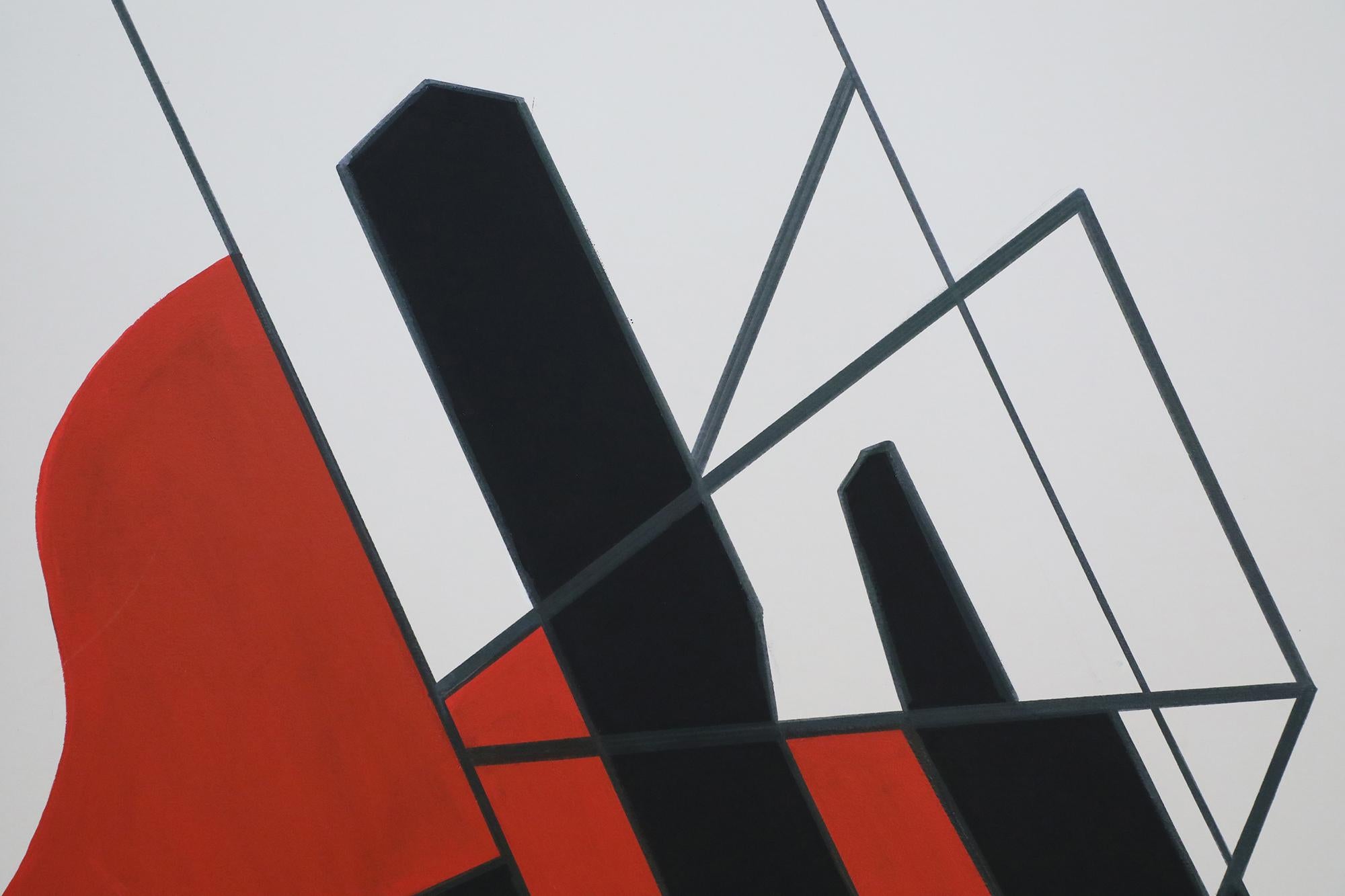 Mid-Century Modern Peinture abstraite à l'acrylique encadrée de formes géométriques en noir, rouge et blanc en vente