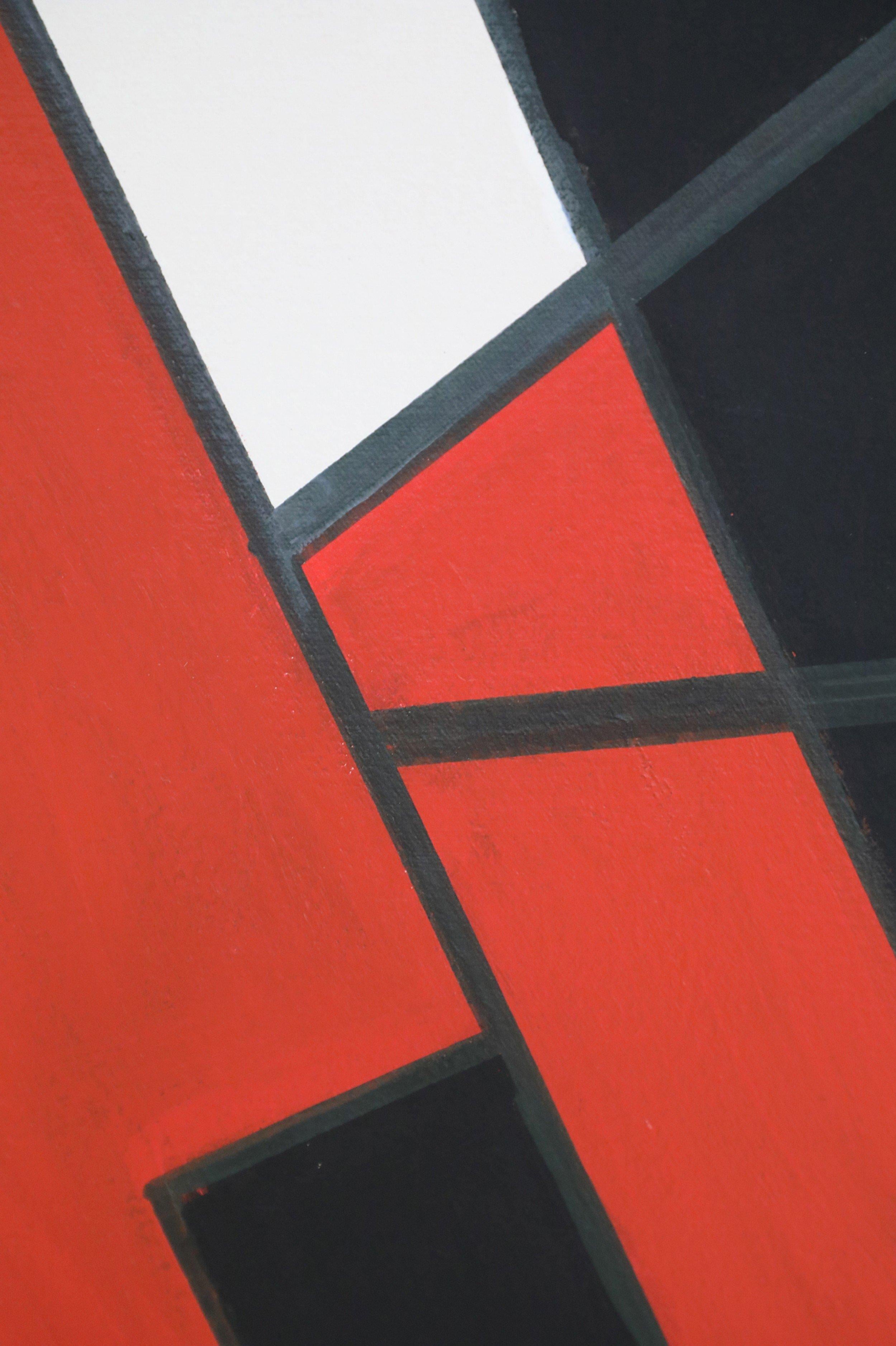 Mid-Century Modern Peinture abstraite à l'acrylique encadrée de formes géométriques en noir, rouge et blanc en vente